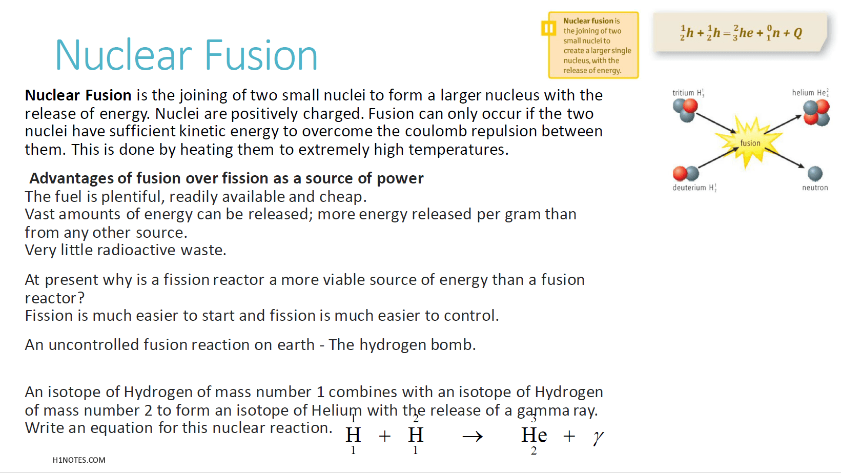 H1 Notes Physics Nuclear Fusion