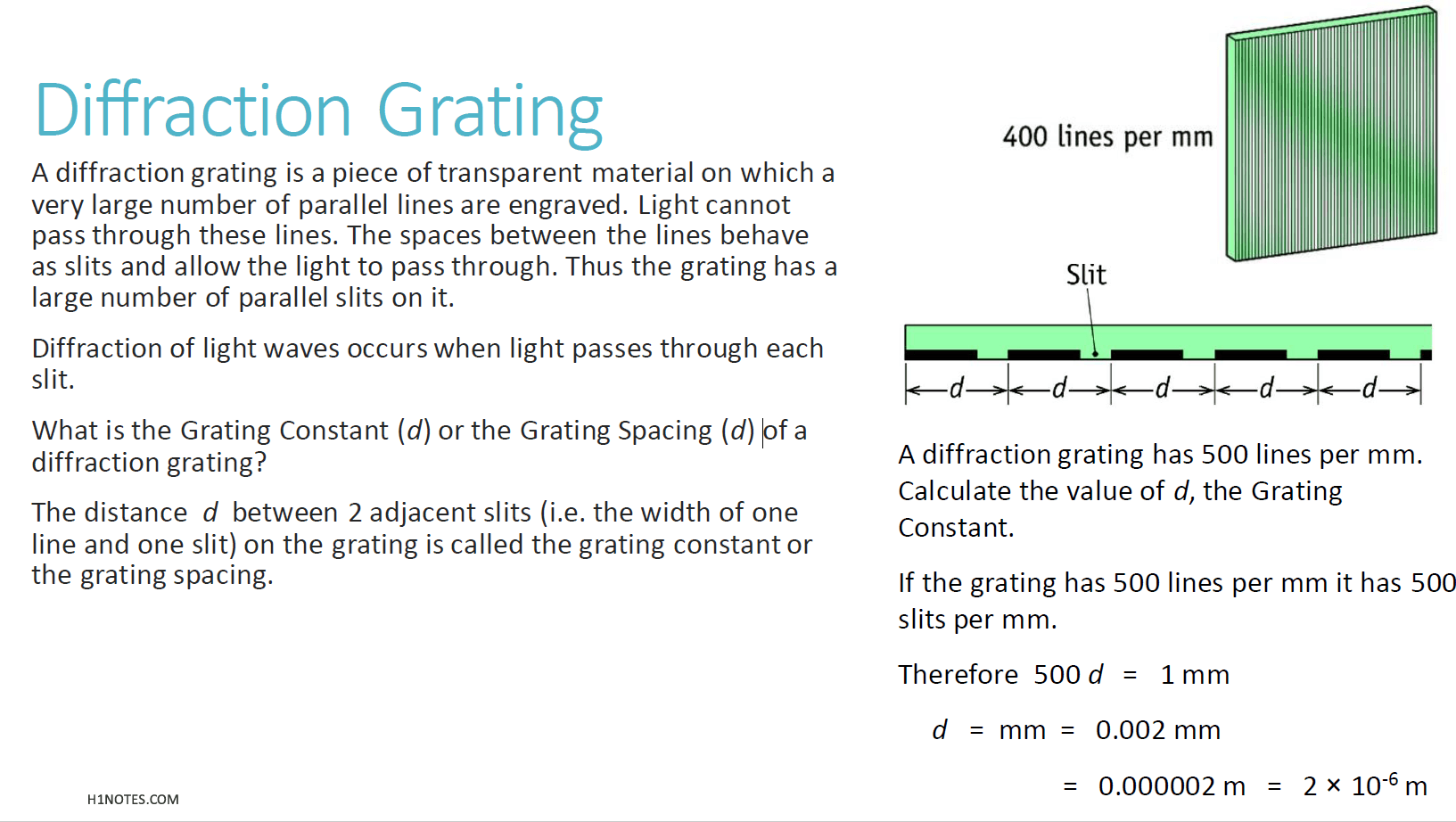 H1 Physics Notes Diffraction Grating
