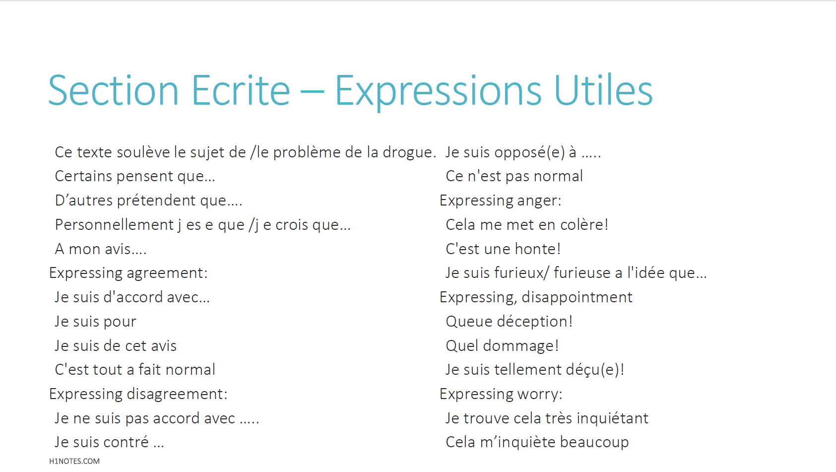 H1 Notes French Notes Expressions